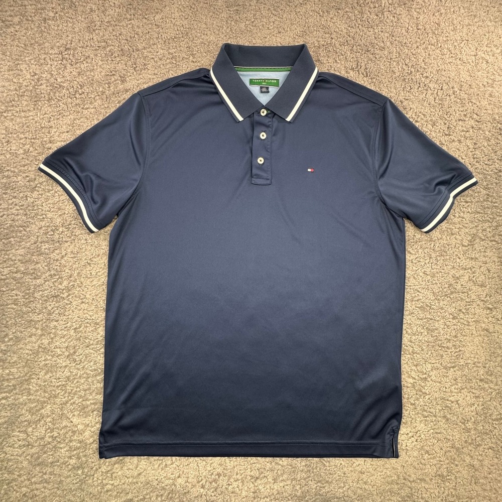 Tommy Hilfiger Golf Mens Navy Blue Polo Shirt‎ Large Short Sleeve Tipped Preppy